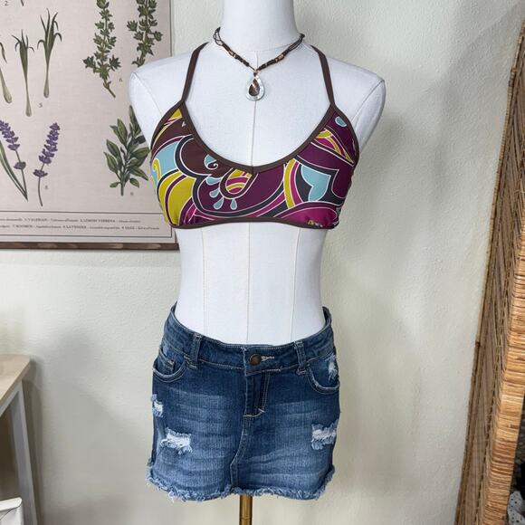 Y2K Athleta Mod Retro Print Bikini Top Coconut Girl SoCal Surfer Beach Summer M - Picture 1 of 6